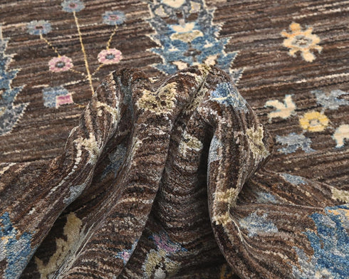 13 Feet Brown Gray Khurgeen Afghan Hand Knotted Wool Runner Rug